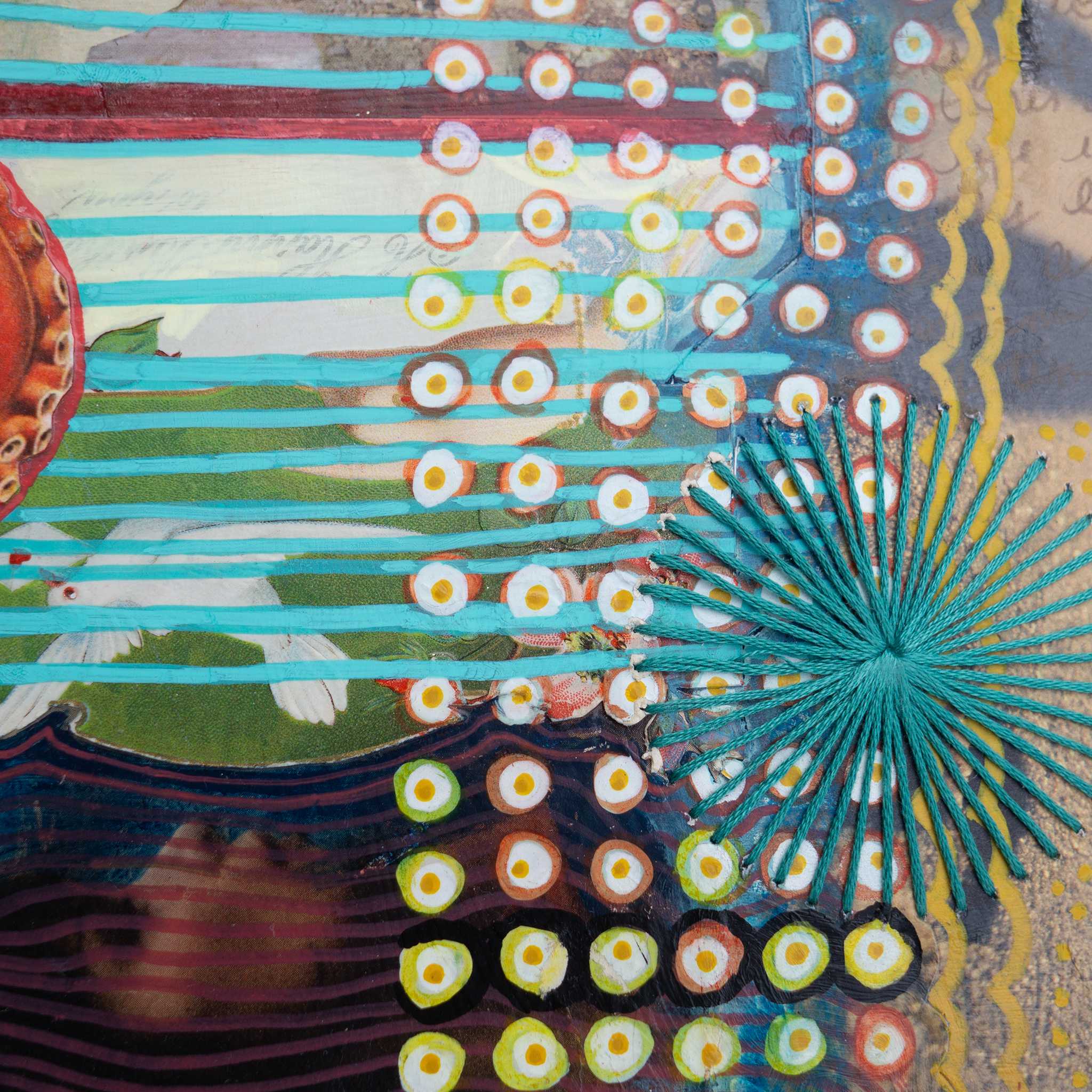 Detail of colorful abstract mixed media collage art piece with geometric patterns and a fan-like shape made with thread.