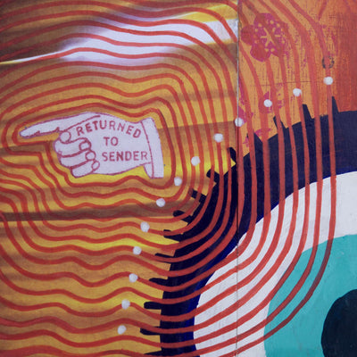 Detail of mixed media collage art showing 'RETURNED TO SENDER' text, surrounded by wavy lines and geometric shapes.