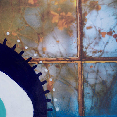 Close-up mixed media collage art showing image of a window leaves.