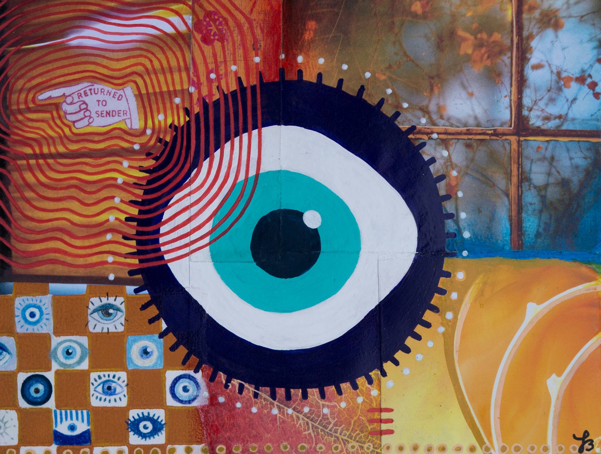 Colorful mixed media collage artwork with eye design and geometric patterns