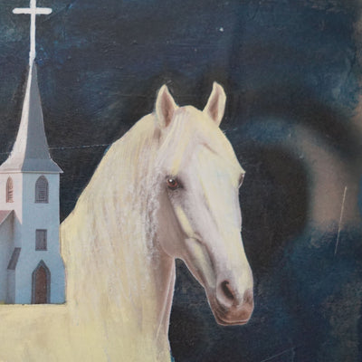 Detail of a collage showing a horse head with a church steeple