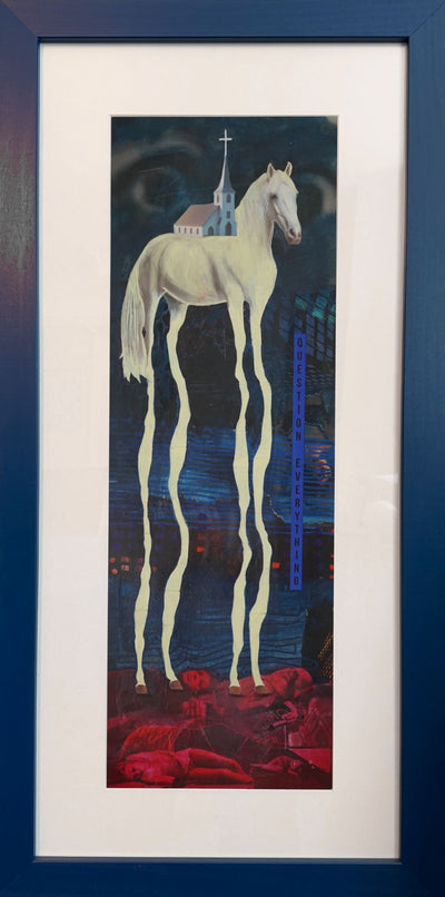 Framed artwork of a white horse with a church on its back against a dark background.
