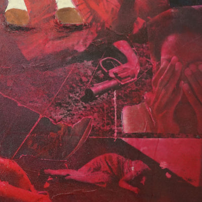 Detail of collage of showing a gun, a person crying in their hands with a red filter overlay