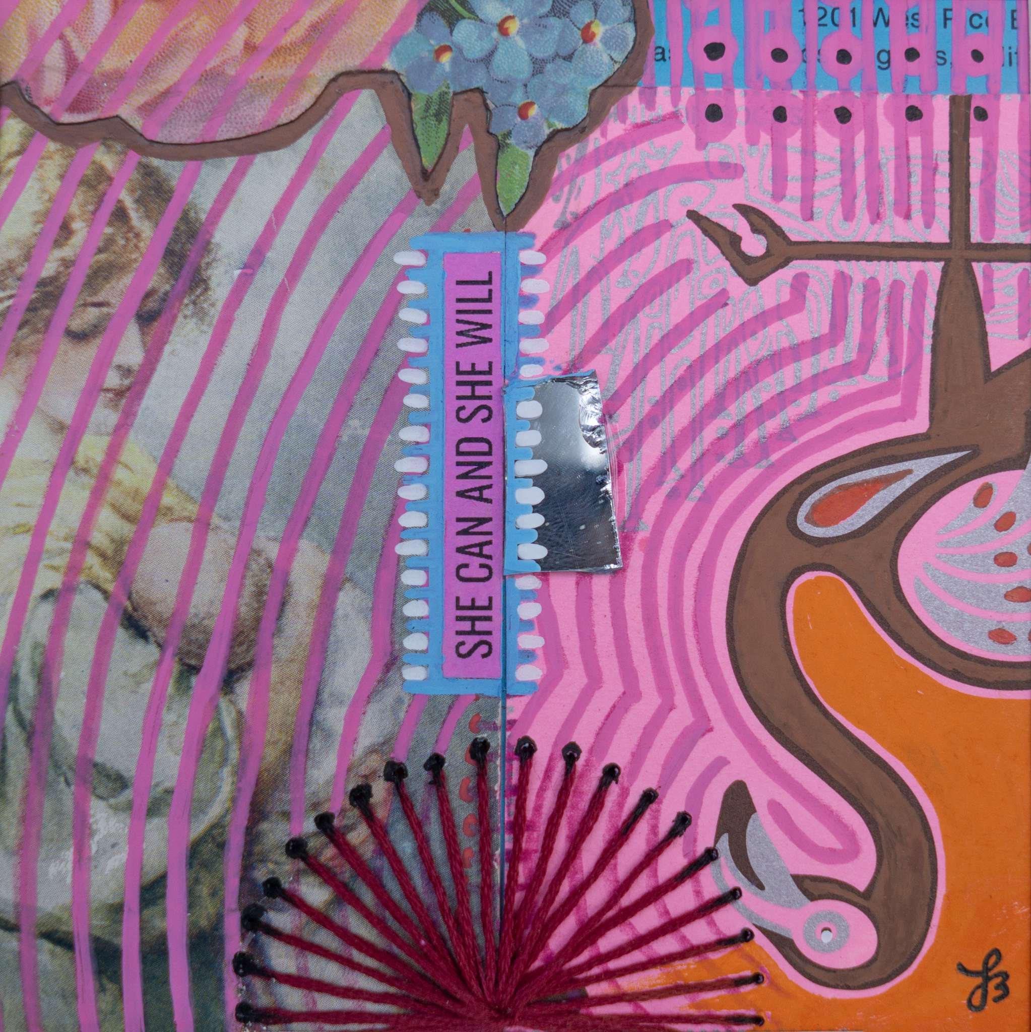 Collage with abstract patterns and text on a pink background