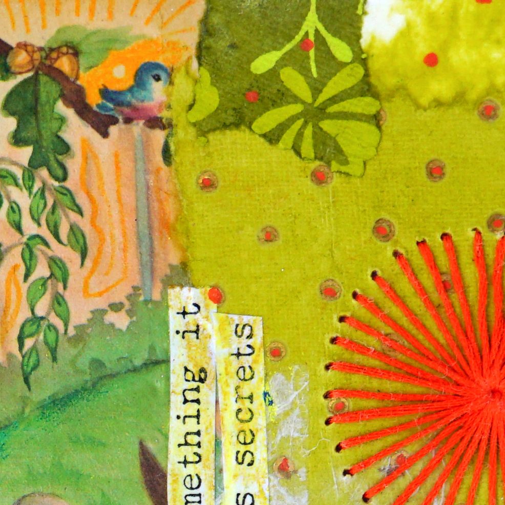 Detail shot showing artistic depiction of a nature scene with text overlay on a textured background