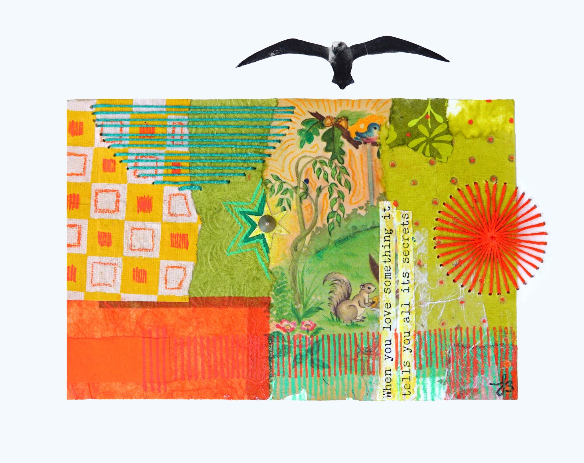 Colorful collage with nature-themed elements and a bird illustration.