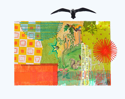 Colorful collage with nature-themed elements and a bird illustration.