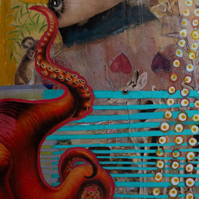 Detail of collage art with red octopus, blue guitar, and nature elements