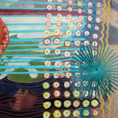 Detail of colorful abstract mixed media collage art piece with geometric patterns and a fan-like shape made with thread.