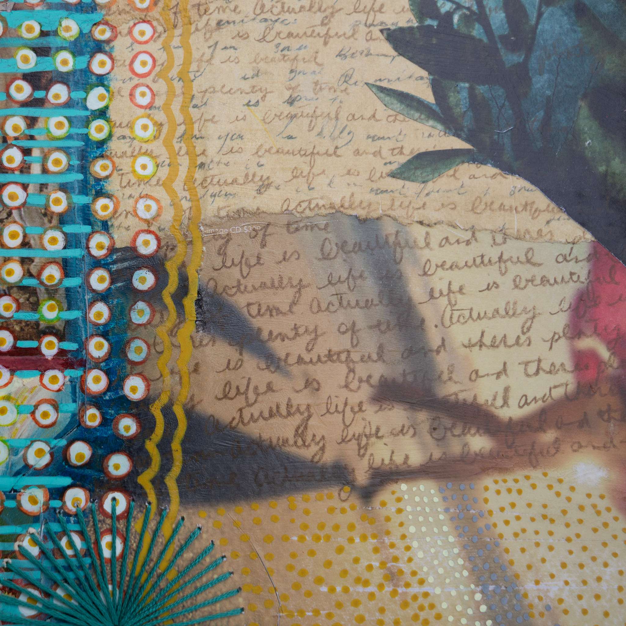 Detail of mixed media collage art with handwritten cursive text, patterns, and nature elements on a textured background.
