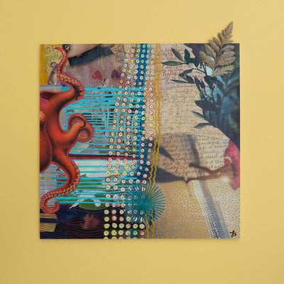 Colorful abstract mixed media collage art piece on a yellow background